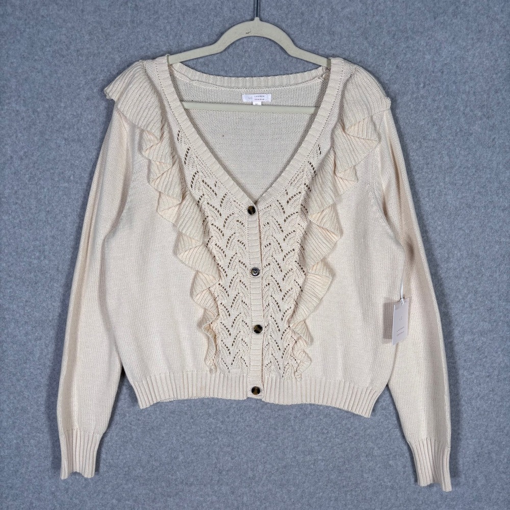 NEW Lauren Conrad Crochet Ruffle Cardigan Sweater XL‎ Cream Dainty Coquette